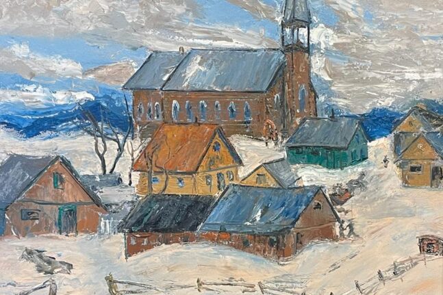 A paint with a winter scene showing a small town with a big church covered by snow in a semi cloudy day.
