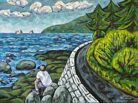 A bright painting of a person sitting in a rock besides the road looking at a big body water which shows two large boats at the background.