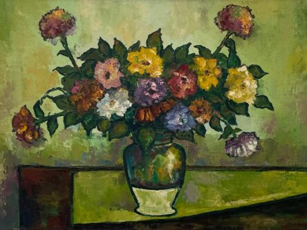 A painting of a flower vase with different colour flowers like yellow, red, purple, orange, and green background.